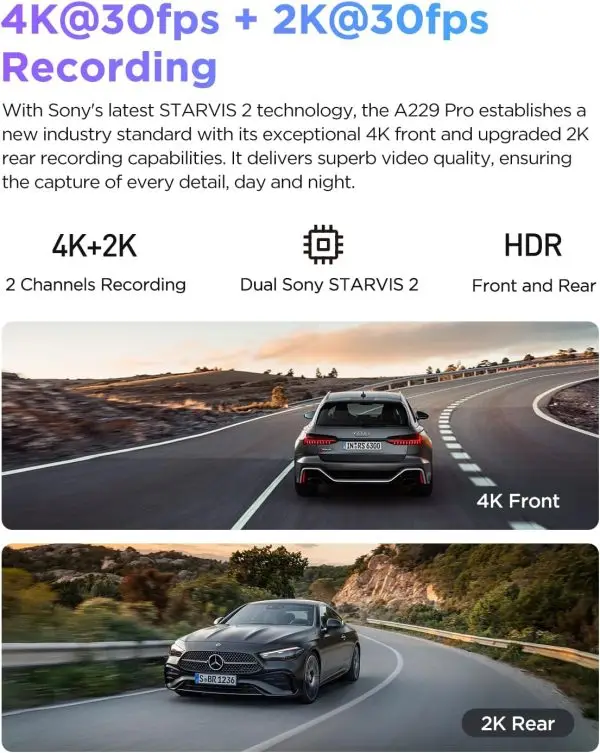 Limited-Time Sale for Summer Surprises AED 99د.إ:VIOFO A229 Pro 4K HDR Dash Cam, Dual STARVIS 2 IMX678 IMX675, 4K+2K Front and Rear Car Camera, 2 Channel with HDR, Voice... - Image 2