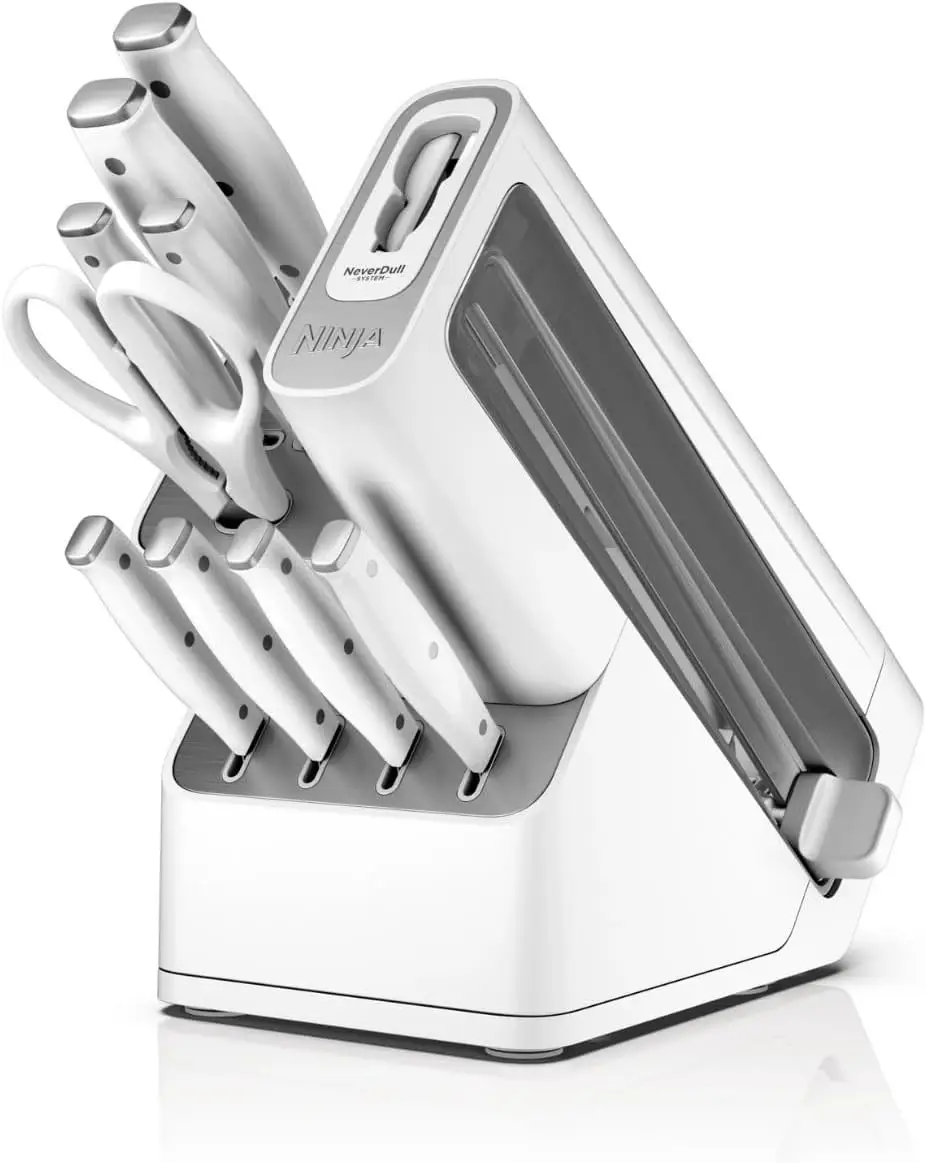 Ninja Foodi NeverDull Knife Set K12010, High Carbon Stainless Steel, Built-In Sharpener, Ergonomic Handle, Durable 10pc Kitchen Knife Block Set (White)
