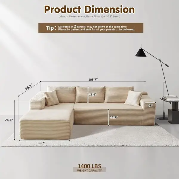 ovios 104" Cloud Sectional Couch with L-Shape Chaise,Modern Modular Sofa with Deep Seat, Upholstered Couches for Living Room Bedroom,No Assembly Required, Beige (Plush Corduroy... - Image 2