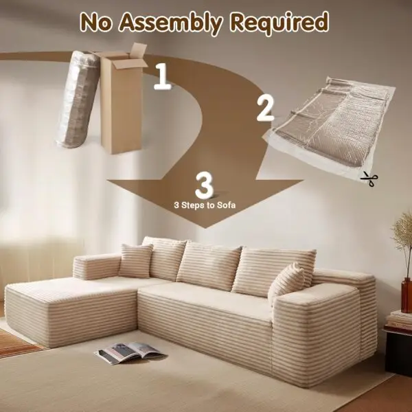 ovios 104" Cloud Sectional Couch with L-Shape Chaise,Modern Modular Sofa with Deep Seat, Upholstered Couches for Living Room Bedroom,No Assembly Required, Beige (Plush Corduroy... - Image 8