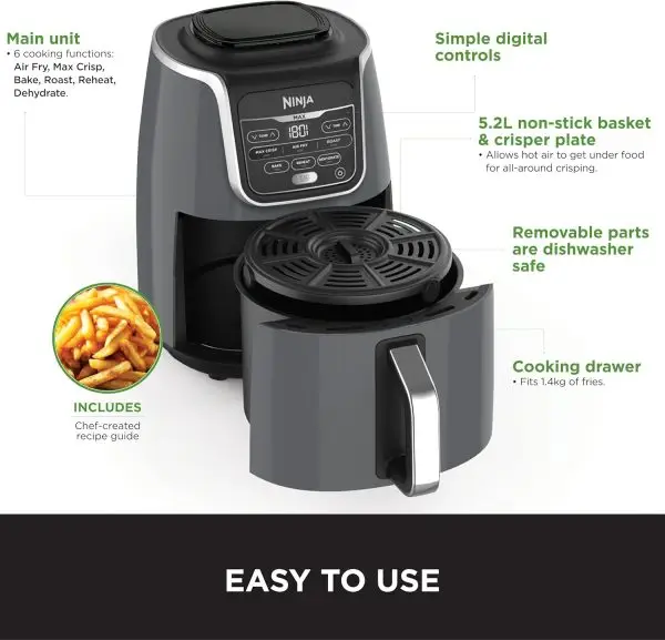 Summer Final Clearance Just AED 99د.إ:Ninja Air Fryer Max Xl, Max Crisp, Air Roast, Bake, Reheat, Dehydrate, 5.2 Liters, 1750 Watts, Grey and Black, AF160ME, 2 Years Warranty - Image 3